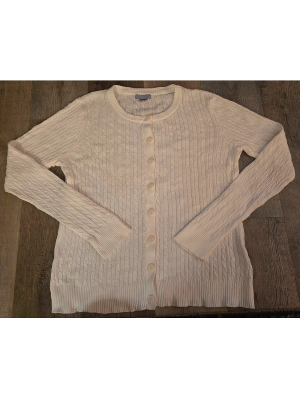Laura Scott White Cable Knit Cardigan Sweater Women's Size L/G Classic Preppy